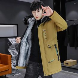 Men's Jackets Autumn Winter Mid-Length Plush And Thick Hooded Jacket Streetwear Loose Warm Fleece Parka Youth Fur Collar Padded Coat
