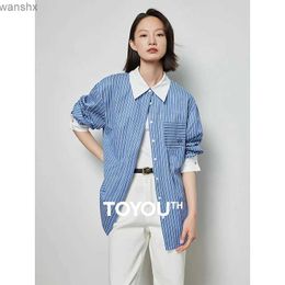 Women's Blouses Shirts Toyota Womens Striped Shirt 2024 Spring New Long sleeved Polo Neck Loose Shirt Embroidered Fashion Casual Coat TopL240328