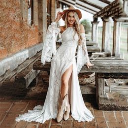 Elvish Boho Lace Wedding Dresses With Flare Sleeves 2024 Princess High Slit Beach Bohemian Bridal Dresses Elegant Floor Length Civil Vestido De Novia Robe Mariee