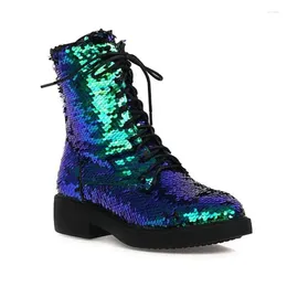 Boots Fashion Women Round Toe Ankle Sequins Cloth Bling Platform Lace Up Cross-tied Motorcycle Short Bootie Winter Shoes