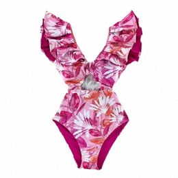 women's Swimwear 2023 New Print Swimwear Deep V-neck Ruffle Swimsuit Push Up One Piece Swimsuit Beach Wear Backl Mokini J230506 d4IX#