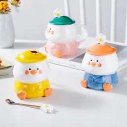 Mugs Creative Cute 400ml Cartoon Hand Painted Duckling Ceramic Coffee Mug With Lid Spoon Milk Tea Cups Gifts