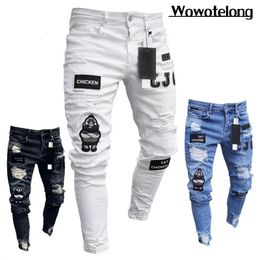 White Embroidery Skinny Ripped Jeans Men Cotton Stretchy Slim Fit Hip Hop Denim Pants Casual for Jogging Trousers 240313