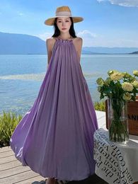 Casual Dresses Purple Elegant Ruffles Backless Pleated Slip Dress Women 2024 Summer Retro Loose Fashion Temperament Vacation Party Long