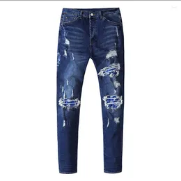 Men's Jeans High Street Ripped Fashion Slim Fit Embroider Letter Blue Stretch Pencil Pants Skinny Denim Male
