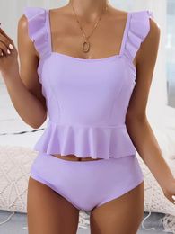 Women's Swimwear Ruffle Shoulder Strap Tankini Soild Two Piece Bikini Set Swimsuit Women Beach Style 2024 Bathing Suit