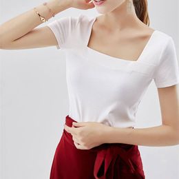 Summer Cotton square neck T shirt women short-sleeved clothes Slim Sexy tops Red White Black retro womens T-shirts 007