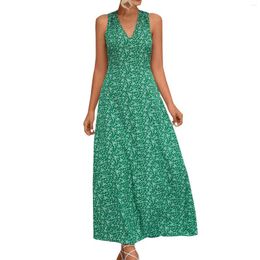 Casual Dresses Green Floral Print Long Dress Women Summer Sexy V Neck Sleeveless Boho Maxi Beach Party Sundress Robe Vestidos