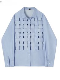Woven Cut Out Big Size Stripe Shirt Women Lapel Long Sleeve Button Through Blouse Female Summer Clothing Spring 240327