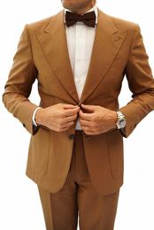 2022 Classic Brown Suits For Men Special Lapel 2 Piece Formal Slim Fit Male Suit Set Costume Jacket Pants Groom Wedding Blazers n2So#