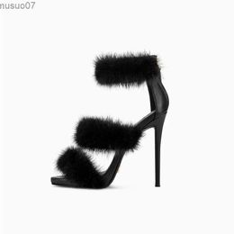 Sandals Fur High Heels 2022 Summer New Open Heel Slender High Heels Womens Sable Sandals Designer Fully Matched SandalsL2403