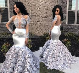 Glamorous 3D Rose Flowers Mermaid Prom Dresses 2019 Appliques Beads Sheer Long Sleeve Evening Gown Silver Stretchy Satin robes de 3871834