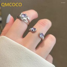 Cluster Rings QMCOCO Elegant Purple Zircon Flower Heart-Shape Silver Color For Women Trend Geometric Bride Wedding Jewelry Gift