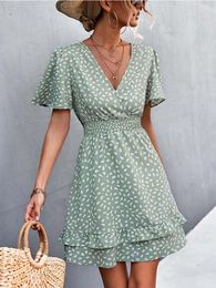 Party Dresses Sexy V Neck Mini Dress For Women Fashion Floral Slim Short Female Lotus Leaf Sleeve Elegant