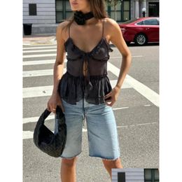 Womens Tanks Camis Women Sheer Camisoles Y2K See Through V Neck Sleeveless Backless Tie-Up Ruffles Vest Tank Tops Summer Crop Drop Del Otwzy