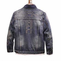 motorcycle Style Denim Jacket Men 2024 New Street Trend Retro Loose Embroidery Distred Jacket Men's Denim Jacket y8Pl#