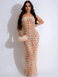 Casual Dresses Sexy Knitting Hollow Out Beach Dress Women Summer Holiday Vacation Outfits Off The Shoulder See Through Sequines Maxi Robe