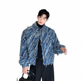 persalized Denim jacket 2024 Autumn Fi distred Fur Fringe Flip collar Korean cut design Zipper short jacket for men f2ar#