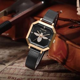 Wristwatches 2024-Luxury Lady Quartz Bracelet Watch Diamond-set Bee Dial Stainless Steel Hard Wire Mesh Strap Band Women Wristwatch Carnival