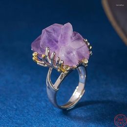 Cluster Rings S925 Sterling Silver Charms For Women Fashion Contrast Colored Irregular Natural Amethyst Zircon Jewelry