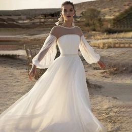 Fashion O-Neck Beaded Lantern Sleeve A-Line Boho Crystal Belt Bride Gown Sexy Wedding Dresses