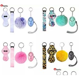 Party Favour 7 Colours Fashion Defence Keychains Set Pompom Alarm Keychain Lipstick Holder And Wristband For Woman Men Self-Defense Keyr Dh2Mn
