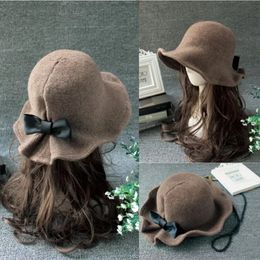 Vintage Wool Bucket Hats Ladies Bowler Hat Fashion Bows Basin Fisherman Woman Winter Black Coffee Dark Camel 240320