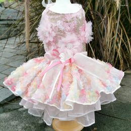Dog Apparel 2024 Pet Clothes Pink Colourful Three-dimensional Flowers Bowknot Handmade Wedding Dresses Puppy Costume Lace Dress XS-XL