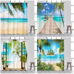 Shower Curtains Island Beach Sea Waves Palm Trees Tropical Plant Ocean Nature Landscape Home Wall Hanging Bathroom Curtain Decor