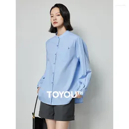 Women's Blouses TOYOUTH Women Blouse Shirt 2024 Spring Stand Collar Single Breasted Button Pocket Office Lady Long Sleeve Shirts Tops