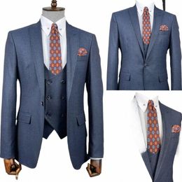 new Wedding Men's Suit Navy Blue Blazer Sets Slim Fit 3 Pieces Custome Homme Tuxedo Gentleman Elegant Dr Jacket+Pants+Vest 019g#