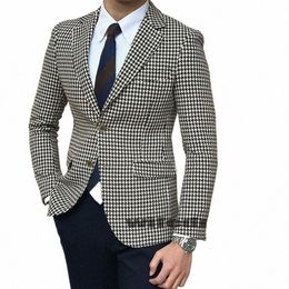 houndstooth Plaid Casual Blazer for Men One Piece Suit Jacket with 2 Side Slit Slim Fit Single Coat Male Fi Costume q7EC#
