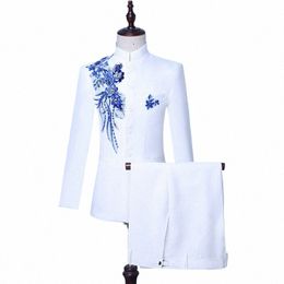 white Blazer Pants Set for Men Chinese Tunic Sequin Embroidery 2 Pieces Dr Suit Party Wedding Groomsmen Slim Fit Tuxedos Male Z1k5#