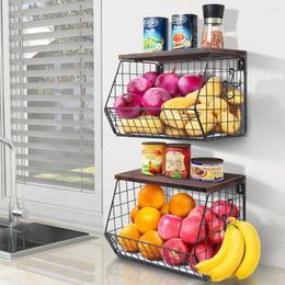 Kitchen Storage 2pcs Fruit Basket Wire Baskets With Wood Lid Stackable Wall-Mounted Countertop Counter Organiser