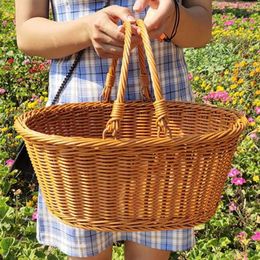 Storage Baskets Handmade Rattan er Picnic Basket with Handle Camping Picnic Weaving Woven Basket Storage Hamper Outdoor Fruit Holder