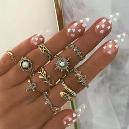 Cluster Rings Boho Vintage Gold-plate Crystal Sun Five-pointed Star Leaf Snake Set Ring For Women Trendy Personality Fashion Jewellery