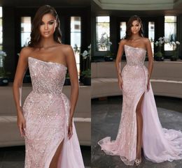 Stunning Stylish Pink High Split Evening Dresses Arabic Dubai Sexy Backless Strapless Long Sequined Beads Vestidos Formal Occasion Prom Party Gowns BC14719