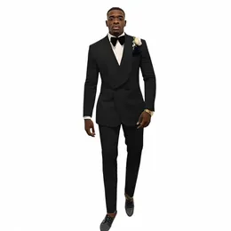 black Jacquard Men's Suit 2 Piece Double Breasted Jacket Pants Elegant Groom Wedding Tuxedo Customised XS-5XL Suit 23yI#