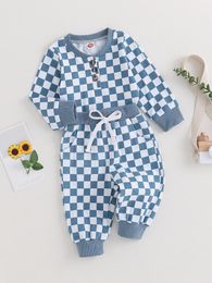 Clothing Sets Baby Boy Girl Plaid Outfit Set Crewneck Pullover Sweatshirt Tops Elastic Waist Long Pants Checkerboard Fall Clothes For