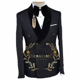 double Breasted One Piece Black Floral Jacket Men Suit Jacquard Blazer Slim Fit Busin Formal Party Evening/Prom Wedding Coat p2HN#