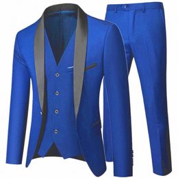 2023 Fi New Men's Boutique Busin Wedding Groom Suit 3 Pcs Set / Male Slim Fit Plus Size Dr Blazers Jacket Pants Vest V3Mu#