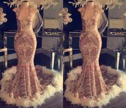 Sexy Gold Sleeveless Prom Evening Dresses 2019 Sequins Mermaid Appliqued Feather Party Gown Pageant Dress Plus Size Custom BC10487497195