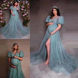 Puffy Short Sleeves Plus Size Materninty Prom Dresses For Pregnant Women 3D Little Flowers A Line Sweep Train Special Occasion Evening Gowns Photoshoot Dress CL3422