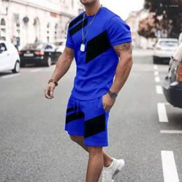 Men's Tracksuits 2Pcs/Set Men Summer Outfit O-neck Short Sleeve T-shirt Elastic Drawstring Waist Pockets Shorts Set Color Block Sport Suit