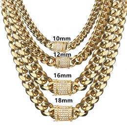 6-18mm Wide Stainless Steel Cuban Miami Chains Necklaces CZ Zircon Box Lock Big Heavy Gold Chain HipHop jewelry3029