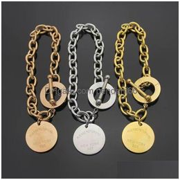 Charm Bracelets Brand Classic T Letter Round Card Pendant Bracelet Fashion Domineering Thick Chain Ot Buckle Designer For Men 316L T Dhwab