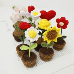 Decorative Flowers Hand-woven Artificial Flower Potted Decoration Weaving Girl Wool Crochet Bouquet Small Exquisite Fake Forever Rose