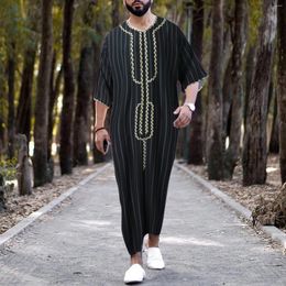 Men's Casual Shirts Male Striped Print Robe V Neck Middle Sleeve Split Hem Blouse Stripe Solid Elegant Fashion Muslim