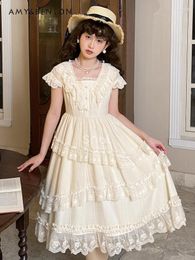 Casual Dresses Original Elegant Gentle Daily Lolita Dress For Women Sweet Cute Lace V-neck Slim Multi-Layer Summer Princess