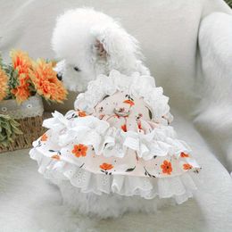 Tea Party Dress, Marigold Pattern Dog Clothes, Spring and Summer Princess Style for Small Dogs